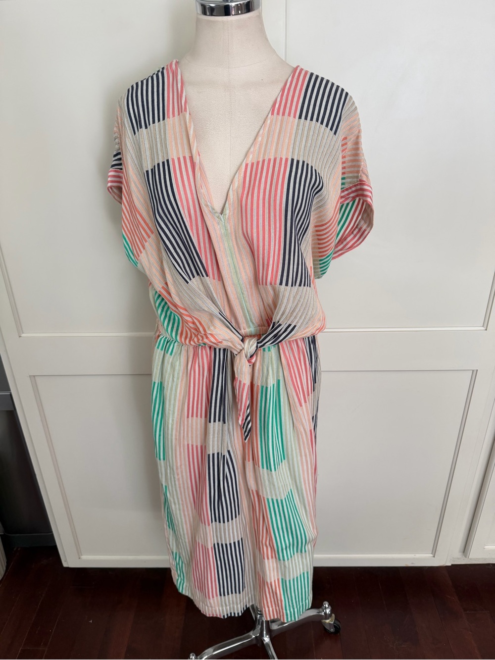 Lou & Grey Loft Striped Multi-Color Tie-Waist dress in Coral, Mint & Navy
